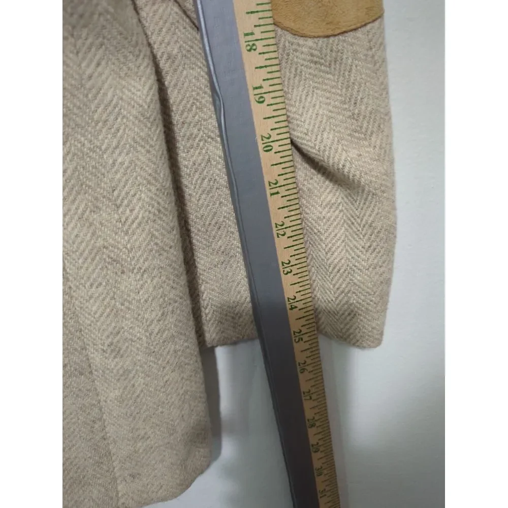 Adams Row Mens 100%‎ Wool Herringbone Blazer Beige Tan Elbow Patches Sport Coat